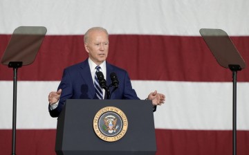 U.S. President Joe Biden speaks as he visits Joint Base Langley-Eustis with first lady Jill Biden, in Hampton, Virginia, U.S