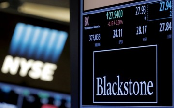 The ticker and trading information for Blackstone Group is displayed at the post where it is traded on the floor of the New York Stock Exchange (NYSE) 