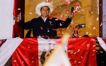 Peruvian presidential candidate Pedro Castillo addresses supporters in Lima, Peru,