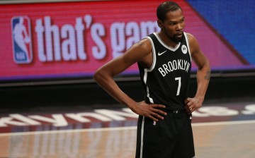 Jun 5, 2021; Brooklyn, New York, USA; Brooklyn Nets power forward Kevin Durant (7) reacts during the first quarter of game one of the Eastern Conference semifinals
