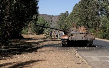 A burned tank stands near the town of Adwa, Tigray region, Ethiopia