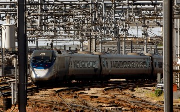 An Amtrak Acela Express train departs South Station in Boston, Massachusetts