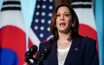 U.S. Vice President Kamala Harris delivers remarks before participating in a bilateral meeting with South Korean President Moon Jae-in at the Eisenhower Executive Office Building near the White House in Washington