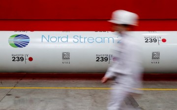 The logo of the Nord Stream 2 gas pipeline project is seen on a pipe at the Chelyabinsk pipe rolling plant in Chelyabinsk, Russia,
