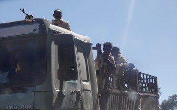 Troops in Eritrean uniforms are seen on top of a truck near the town of Adigrat, Ethiopia,