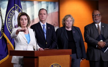 U.S. House Speaker Nancy Pelosi (D-CA) is flanked by Reps.' Adam Schiff (D-CA), Zoe Lofgren (D-CA) and House Homeland Security Committee Chair Benny Thompson (D-MS) 