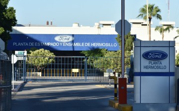 General view shows a part of a plant's facade after U.S. automaker suspended production for two days at the Mexico plant due to material shortage, in Hermosillo, Mexico