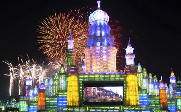 Fireworks display over ice sculptures in the northeastern Chinese city of Harbin's Ice and Snow Festival.