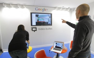 A video hangouts stand is pictured at the new headquarters of Google France 