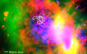 SOFIA data reveal warm dust (white) surviving inside a supernova remnant. The SNR Sgr A East cloud is traced in X-rays (blue). Radio emission (red) shows expanding shock waves colliding with surrounding interstellar clouds (green).