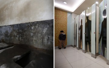 A combination photograph shows (L) a public toilet in a half-demolished old town and (R) a boy using a toilet inside a department store at a shopping district in Beijing.