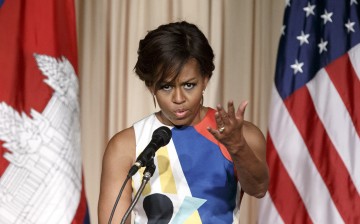 U.S. first lady Michelle Obama gestures as she addresses during an event