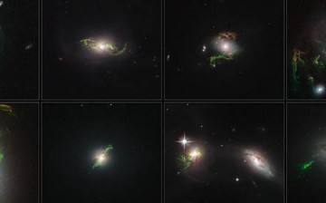 The ethereal wisps in these images were illuminated, perhaps briefly, by a blast of radiation from a quasar — a very luminous and compact region that surrounds a supermassive black hole at the centre of a galaxy.