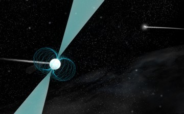 Artist's impression of pulsar PSR J1930-1852 shown in orbit around a companion neutron star. Discovered by a team of high school students, this pulsar has the widest orbit ever observed around another neutron star. 