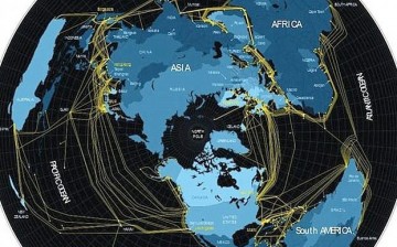 An illustration of the world's fiber optic systems (yellow lines). China's senior officials have pushed for the expansion of fiber optic and 4G networks in the country.