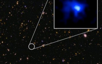 The inset image of the farthest confirmed galaxy observed to date has been colored blue as suggestive of its young stars. 