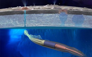 An artist's rendering depicts a soft robotic rover, resembling a squid or lamprey, that can swim though oceans.