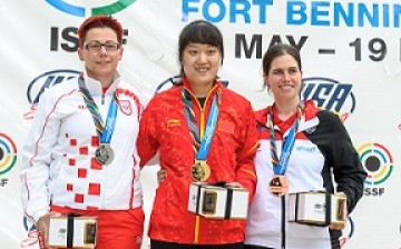 Gold medalist Chang Jing (China) with co-winners at the ISSF World Cup Rifle/Pistol on May 17, 2015, in Fort Benning, Georgia.