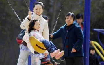 A mother bonding with her daughter in a park in Beijing.