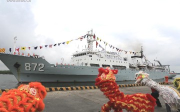 Chinese oceanographic research ship Zhu Kezhen being greeted by a Lion Dance upon arrival in Guayaquil Port, Ecuador, on June 7, 2015.
