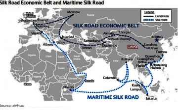 A map showing the Silk Road Economic Belt and Maritime Silk Road proposed by China.