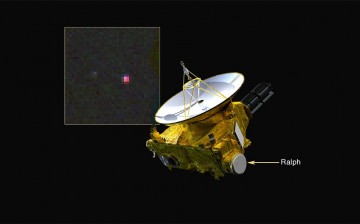 The location of the New Horizons Ralph instrument, which detected methane on Pluto, is shown. The inset is a false color image of Pluto and Charon in infrared light; pink indicates methane on Pluto’s surface.