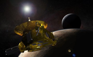 Artist's concept of the New Horizons spacecraft encountering Pluto and its largest moon, Charon, in July 2015. 