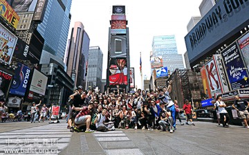 The group poses for a souvenir picture in New York City's famous Time Square.