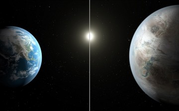 This artist's concept compares Earth (left) to the new planet, called Kepler-452b, which is about 60 percent larger in diameter.