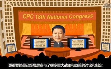 This cartoon image showing President Xi Jinping at the National Congress comes from a clip of the video named 