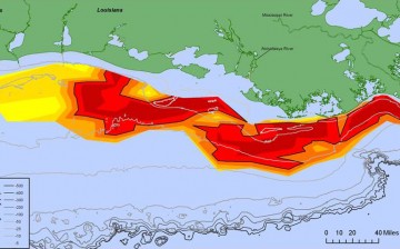 Map showeing distribution of bottom-water dissolved oxygen from July 28 to August 3, west of the Mississippi River delta. Black lined areas — areas in red to deep red — have very little dissolved oxygen.