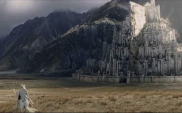 Gandalf rides to Minas Tirith in a scene from the film trilogy 