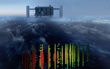 This photo illustration shows one of the highest-energy neutrino events of this study superimposed on a view of the IceCube Lab (ICL) at the South Pole. Evidence of the neutrinos heralds a new form of astronomy.