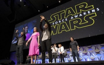 Star Wars: The Force Awakens cast members (L -R) Oscar Isaac, Daisy Ridley, John Boyega, writer, director and producer J.J. Abrams, producer Kathleen Kennedy and show host Anthony Breznican appear at the kick-off event of the Star Wars Celebration convent