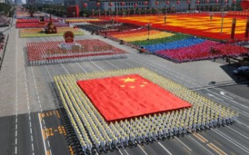 The giant Chinese national flag was carried by participants during a national parade in 2009.