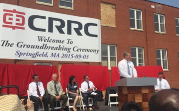 Massachusetts Governor Charlie Baker speaks during the inauguration of the CRRC facility in Springfield, on Thursday, Sept 3. 