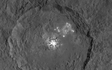 This image, made using images taken by NASA's Dawn spacecraft, shows Occator crater on Ceres, home to a collection of intriguing bright spots. 