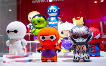 Superhero collectibles on display at the Beijing Comic Con press conference held in Geek Hall bar. BJCC will be held from June 9-10, 2016.