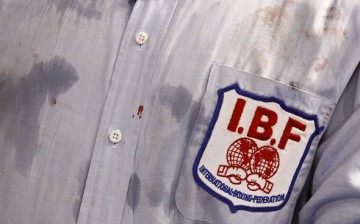 A close-up of a bloodstained shirt worn by IBF referee James Cotton during a cruiserweight title match in Frankfurt, Germany, on April 4, 2012.