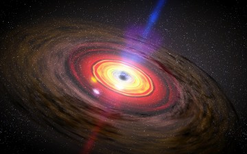 A still frame from a movie, illustrating an active galactic nucleus, with jets of material flowing from out from a central black hole. 
