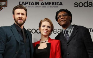 Cast members Chris Evans, Scarlett Johansson and Samuel L Jackson pose at the French premiere of the film ''Captain America: The Winter Soldier'' in Paris.