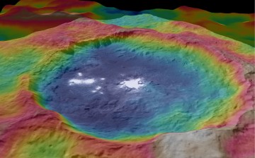 This view, made using images taken by NASA's Dawn spacecraft, is a color-coded topographic map of Occator crater on Ceres