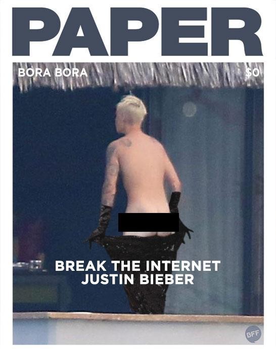 Meme of Justin Bieber that parodies Kim Kardashian's butt cover photo for Paper magazine.