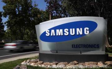 A Samsung logo is situated outside the company headquarters.