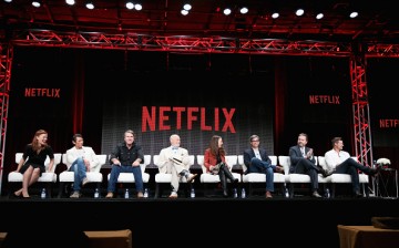 (L-R) Actors Cassidy Freeman, Lou Diamond Phillips, Robert Taylor, Gerald McRaney, executive producers Greer Shephard, Hunt Baldwin, John Coveny and actor Baily Chase speak onstage during the 'Longmire' panel discussion at the Netflix portion of the 2015 