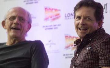 Michael J. Fox and Christopher Lloyd attend a media conference for the 30th anniversary of their film ''Back to the Future'' at the London Film and Comic-Con in London, Britain July 17, 2015.