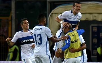 Inter Milan winger Ivan Perisic celebrates with teammates after scoring the opening goal of their Serie A match versus Palermo.