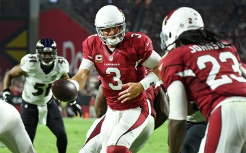 Arizona Cardinals quarterback Carson Palmer (#3) hands the ball to running back Chris Johnson (#23).