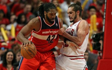Washington Wizards Nene (L) and Chicago Bulls' Joakim Noah.
