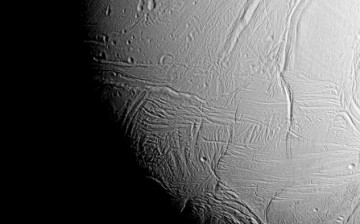 NASA's Cassini spacecraft captured this view as it neared icy Enceladus for its closest-ever dive past the moon's active south polar region.